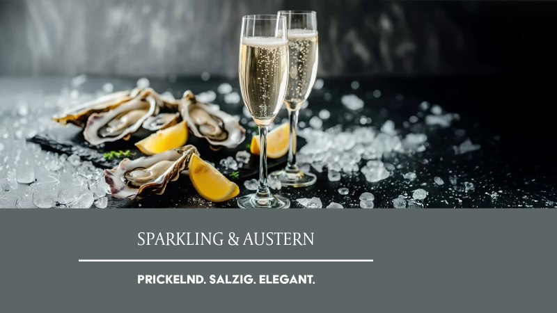Two champagne glasses and oysters on ice, garnished with lemon slices. An elegant presentation of sparkling wine and seafood., © Weinmanufaktur Stuttgart eG Two champagne glasses and oysters on ice, garnished with lemon slices. An elegant presentation of sparkling wine and seafood., © Weinmanufaktur Stuttgart eG