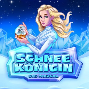 Blonde woman in a blue dress holds a snow globe, surrounded by icebergs and stars. Text: Snow Queen - the musical., © Theater Liberi Blonde woman in a blue dress holds a snow globe, surrounded by icebergs and stars. Text: Snow Queen - the musical., © Theater Liberi