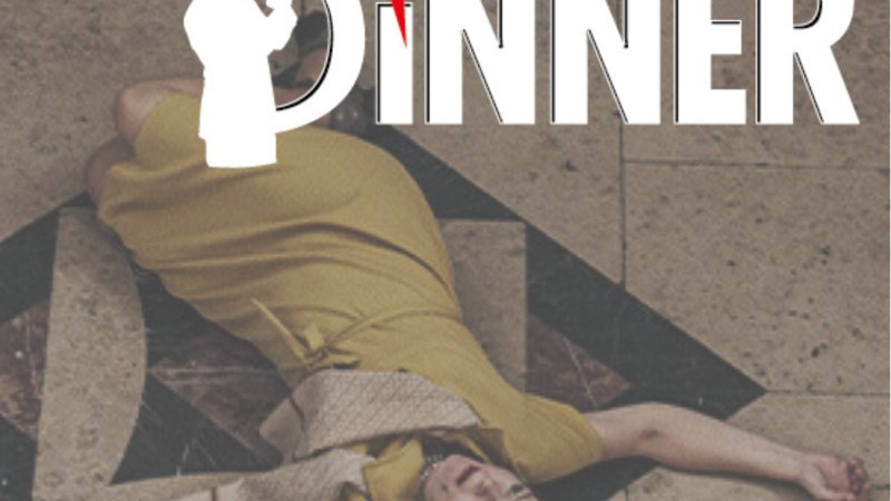 Eine Frau in einem gelben Kleid liegt auf einem gemusterten Boden. Dar&uuml;ber steht der Schriftzug 'Das Kriminal Dinner'., &copy; engesser marketing GmbH