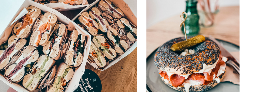 Links sind mehrere Bagels in einer Box, rechts ein einzelner Bagel mit Mohn und Gurke auf einem Teller., &copy; Cupcakes & Bagels, Stuttgart