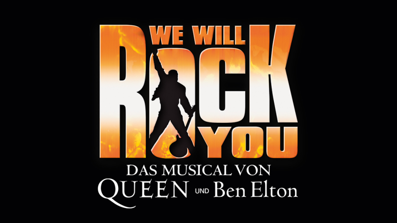 Logo des Musicals 'We Will Rock You' mit einer Gitarristensilhouette und den Namen Queen und Ben Elton., &copy; Stage Entertainment