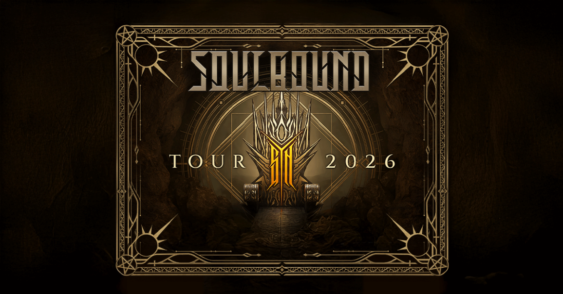 Poster der Soulbound sYn Tour 2026 mit einem stilisierten Thron in der Mitte und einem dekorativen Rahmen mit geometrischen Mustern., &copy; links im Bild