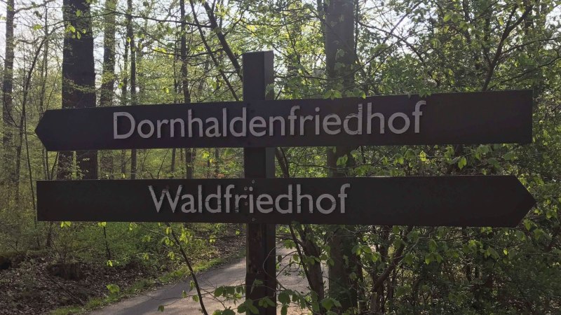 Wegweiser im Wald zeigt zu Dornhaldenfriedhof und Waldfriedhof. Umgeben von Bäumen und grünem Laub., © Stuttgart-Marketing GmbH