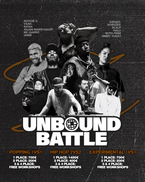 Poster für 'Unbound Battle' mit Tänzern, Preisgeldern und Workshops für Popping, Hip Hop und Experimental Kategorien., © Theater Rampe
