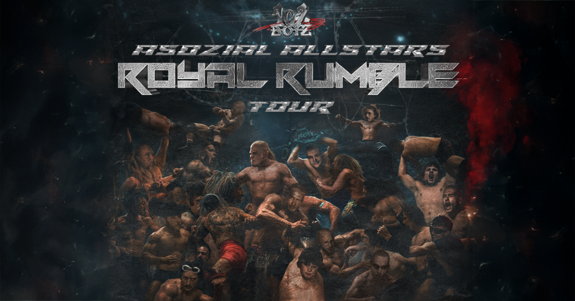 Poster der 102 Boyz f&uuml;r die Asozial Allstars: Royal Rumble Tour. Es zeigt eine Gruppe von Menschen in einem chaotischen Kampf., &copy; links im Bild