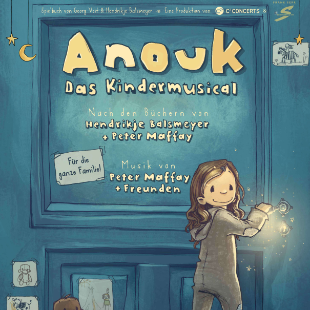 Ein M&auml;dchen mit einer Laterne steht vor einer T&uuml;r, umgeben von Sternen und Mond. Text: Anouk - Das Kindermusical, basierend auf B&uuml;chern von Hendrikje Balsmeyer und Peter Maffay., &copy; C&sup2; CONCERTS GMBH