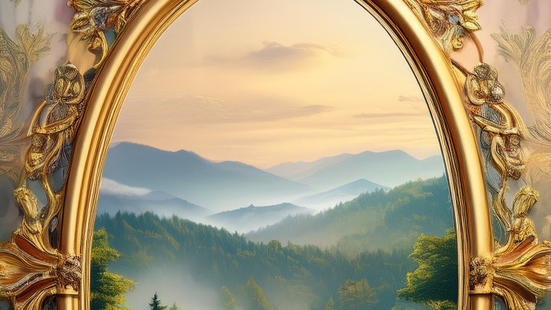 Ein goldener Spiegelrahmen zeigt eine malerische Landschaft mit Bergen und Wäldern im Hintergrund., © Stuttgarter Kammerorchester e.V. Ein goldener Spiegelrahmen zeigt eine malerische Landschaft mit Bergen und Wäldern im Hintergrund., © Stuttgarter Kammerorchester e.V.