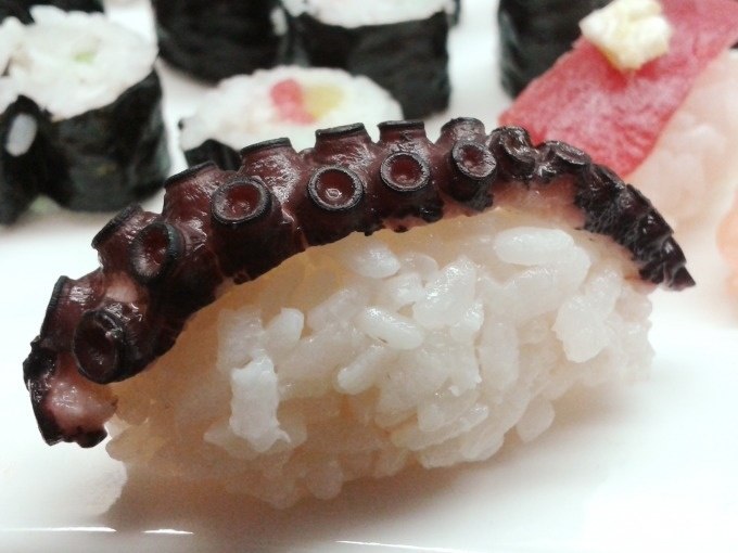 Nahaufnahme von Sushi mit Oktopus auf Reis, im Hintergrund weitere Sushirollen. Detailreiche Darstellung der Zutaten., © Kultweine-Kochwelten-Kunstücke - Kochschule Sonja Lenz Nahaufnahme von Sushi mit Oktopus auf Reis, im Hintergrund weitere Sushirollen. Detailreiche Darstellung der Zutaten., © Kultweine-Kochwelten-Kunstücke - Kochschule Sonja Lenz