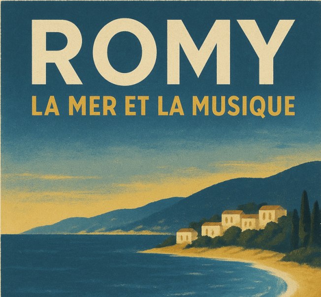 Illustration einer Küstenlandschaft mit dem Titel 'Romy, la mer et la musique'. Häuser am Hang, Meer und Himmel in Blau- und Gelbtönen., © Theaterhaus Stuttgart e.V. Illustration einer Küstenlandschaft mit dem Titel 'Romy, la mer et la musique'. Häuser am Hang, Meer und Himmel in Blau- und Gelbtönen., © Theaterhaus Stuttgart e.V.
