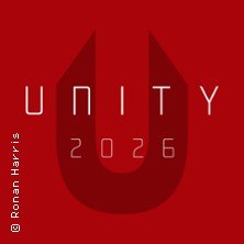 Rotes Logo mit dem Schriftzug 'UNITY 2026' in wei&szlig;er Schrift auf rotem Hintergrund., &copy; links im Bild