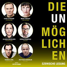 Poster for 'The Impossible' with portraits of six people and yellow text on a black background. Scenic reading., &copy; links im Bild