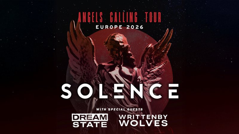 Poster der Solence Angels Calling Tour 2026 in Europa mit Engelsstatue und den Special Guests Dream State und Written by Wolves., &copy; links im Bild