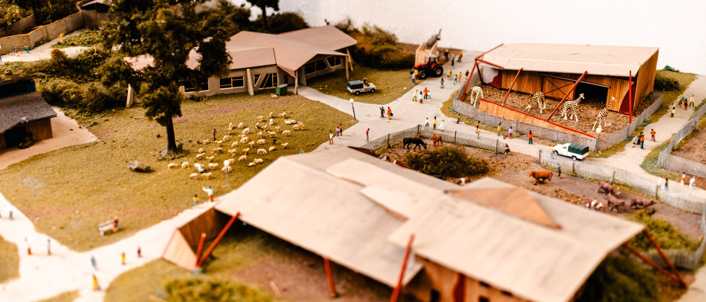 Miniaturmodell einer ländlichen Szene mit Gebäuden, Figuren und Tieren. Schafe auf einer Wiese, ein Traktor und Menschen sind zu sehen., © SMG_Sarah Schmid