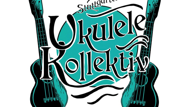 Logo des Stuttgarter Ukulele-Kollektivs mit zwei stilisierten Ukulelen und geschwungenem Schriftzug auf türkisfarbenem Hintergrund., © Lab-Archiv
