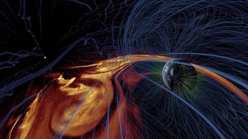 Illustration des Sonnenwinds, der die Erde erreicht. Geladene Teilchen und Magnetfeldlinien sind sichtbar, die die Erde umgeben., © Planetarium Stuttgart Illustration des Sonnenwinds, der die Erde erreicht. Geladene Teilchen und Magnetfeldlinien sind sichtbar, die die Erde umgeben., © Planetarium Stuttgart