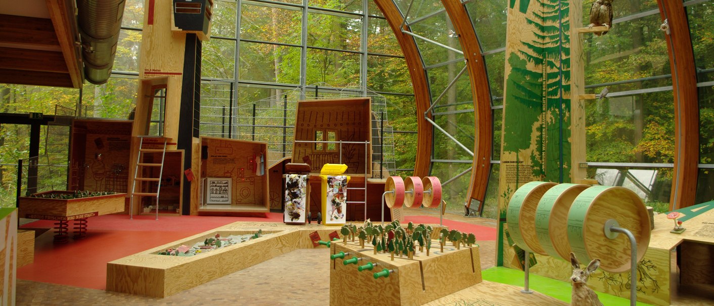 Interior view of the exhibition in the House of the Forest with wooden installations, models and forest motifs. Large windows offer a view of the forest., &copy; Haus des Waldes