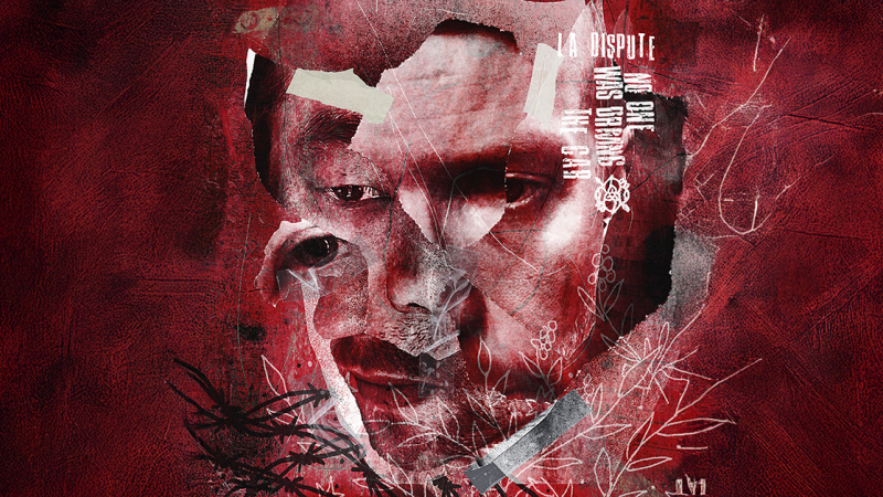 Abstraktes Gesicht auf rotem Hintergrund mit Texten zur La Dispute Tour. Künstlerische Collage mit überlagerten Elementen und Texturen., © links im Bild Abstraktes Gesicht auf rotem Hintergrund mit Texten zur La Dispute Tour. Künstlerische Collage mit überlagerten Elementen und Texturen., © links im Bild