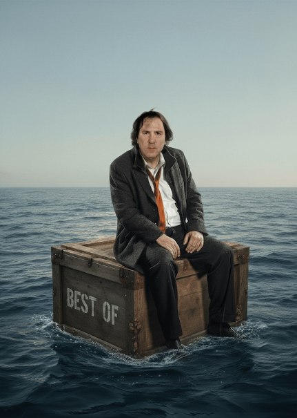 Ein Mann in Anzug und Krawatte sitzt auf einer Holzkiste mit der Aufschrift 'Best Of', die auf dem Meer schwimmt. Der Himmel ist klar und blau., © Rosenau Kultur e.V. Ein Mann in Anzug und Krawatte sitzt auf einer Holzkiste mit der Aufschrift 'Best Of', die auf dem Meer schwimmt. Der Himmel ist klar und blau., © Rosenau Kultur e.V.