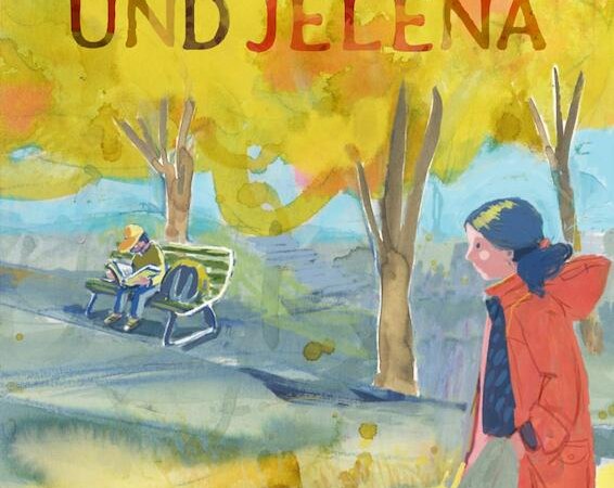 Buchcover von 'Jakob und Jelena' mit einer Illustration: Ein Kind sitzt auf einer Bank, ein anderes geht vorbei. Bäume im Hintergrund, herbstliche Farben., © Literaturhaus Stuttgart