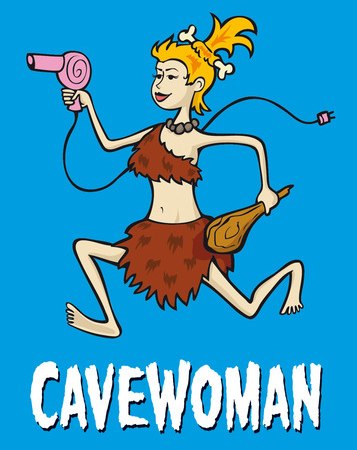Cartoon einer Höhlenfrau mit Knochen im Haar, Föhn und Keule. Sie trägt ein Fellkleid. Hintergrund ist blau, darunter steht 'Cavewoman'., © Theaterhaus Stuttgart e.V. Cartoon einer Höhlenfrau mit Knochen im Haar, Föhn und Keule. Sie trägt ein Fellkleid. Hintergrund ist blau, darunter steht 'Cavewoman'., © Theaterhaus Stuttgart e.V.