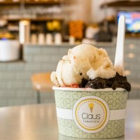 Ein Becher Eiscreme von Claus Eismanufaktur steht auf einem Tisch in einem Caf&eacute;. Der Hintergrund ist unscharf und zeigt eine Theke., &copy; SMG, Sarah Schmid