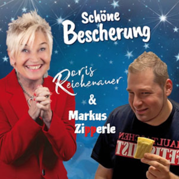 Doris Reichenauer in rotem Blazer und Markus Zipperle mit einem Snack vor einem blauen Hintergrund mit Sternen., © Doris Reichenauer Comedian -  Kabarettistin - Schauspielerin