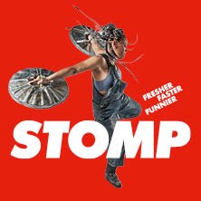 Person in dynamic pose with metal parts, red background, text: 'STOMP' and 'Fresher Faster Funnier'., &copy; links im Bild