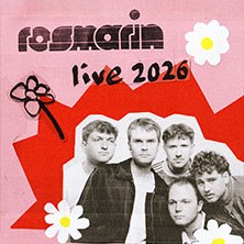 Collage mit schwarz-wei&szlig;em Bandfoto, umgeben von roten und wei&szlig;en Blumen. Text: 'rosmarin live 2026' in verspielter Schrift., &copy; links im Bild