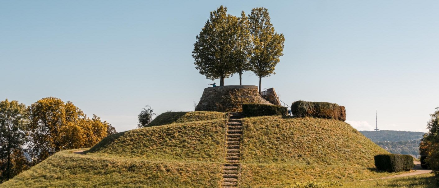 Ein grasbewachsener Hügel mit einer Treppe führt zu einer Plattform mit Bäumen. Im Hintergrund ist ein Fernsehturm sichtbar., © Stuttgart Marketing GmbH, Sarah Schmid
