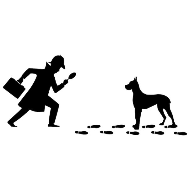 Schattenriss eines Detektivs mit Lupe, der Fu&szlig;spuren folgt. Ein Hund steht am Ende der Spur., &copy; Theater der Altstadt