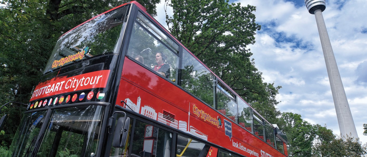 Red double-decker bus in front of the SWR Television Tower., &copy; SMG, Pierre Polak