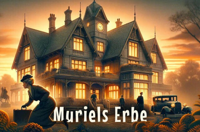 A woman with a suitcase creeps in front of a large, illuminated mansion at sunset. The title 'Muriel's Legacy' is visible in the foreground., &copy; TeamEscape Stuttgart