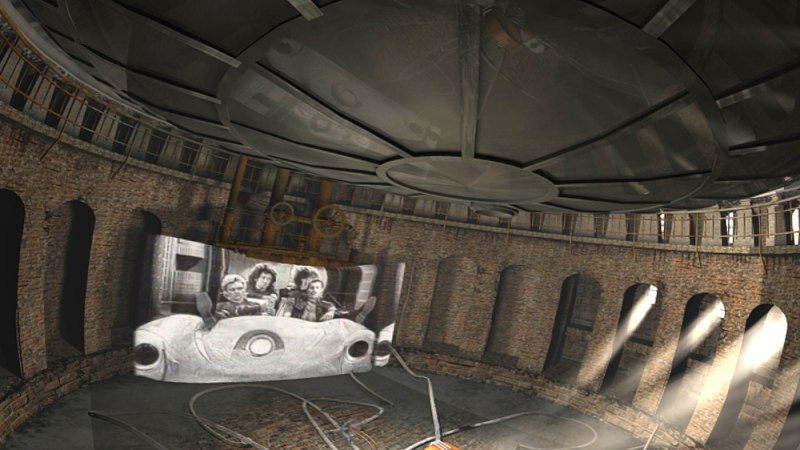 Rundes Geb&auml;ude mit Kuppeldecke, Projektor in der Mitte, Filmleinwand zeigt ein Schwarz-Wei&szlig;-Bild. Lichtstrahlen fallen durch Fenster., &copy; Planetarium Stuttgart