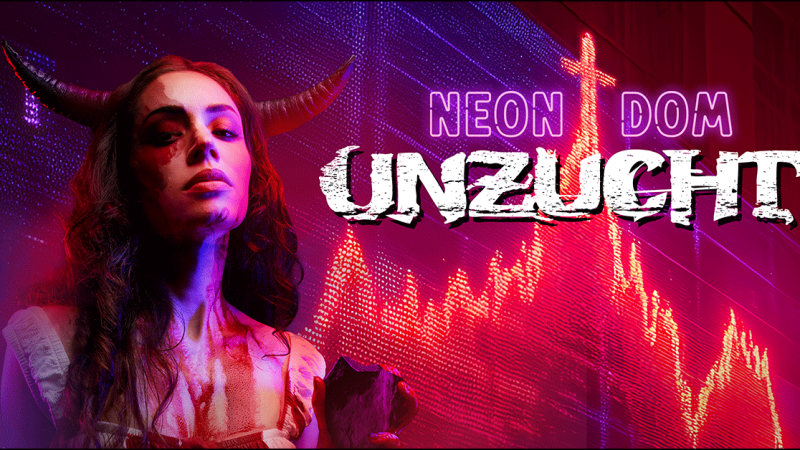 Eine Frau mit H&ouml;rnern und blutverschmiertem Gesicht steht vor einem digitalen Hintergrund. Der Schriftzug 'Neon Dom Unzucht' ist prominent zu sehen., &copy; links im Bild