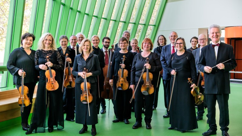 Das Kammerorchester arcata stuttgart posiert mit Streichinstrumenten in einem modernen Raum mit grünen Fenstern. Die Musiker lächeln in die Kamera., © Daniel Grootz
