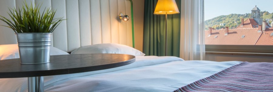 Modern hotel room with cozy bed, bedside lamp and window view of red roofs and green hills. A table with a plant in the foreground., © Park Inn by Radisson Stuttgart Modern hotel room with cozy bed, bedside lamp and window view of red roofs and green hills. A table with a plant in the foreground., © Park Inn by Radisson Stuttgart