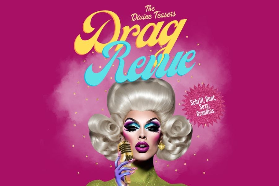 Plakat für 'The Divine Teasers Drag Revue' mit einer glamourösen Drag Queen vor pinkem Hintergrund. Text: 'Schrill, Bunt, Sexy, Grandios'., © Fruedrichsbau Varieté Plakat für 'The Divine Teasers Drag Revue' mit einer glamourösen Drag Queen vor pinkem Hintergrund. Text: 'Schrill, Bunt, Sexy, Grandios'., © Fruedrichsbau Varieté