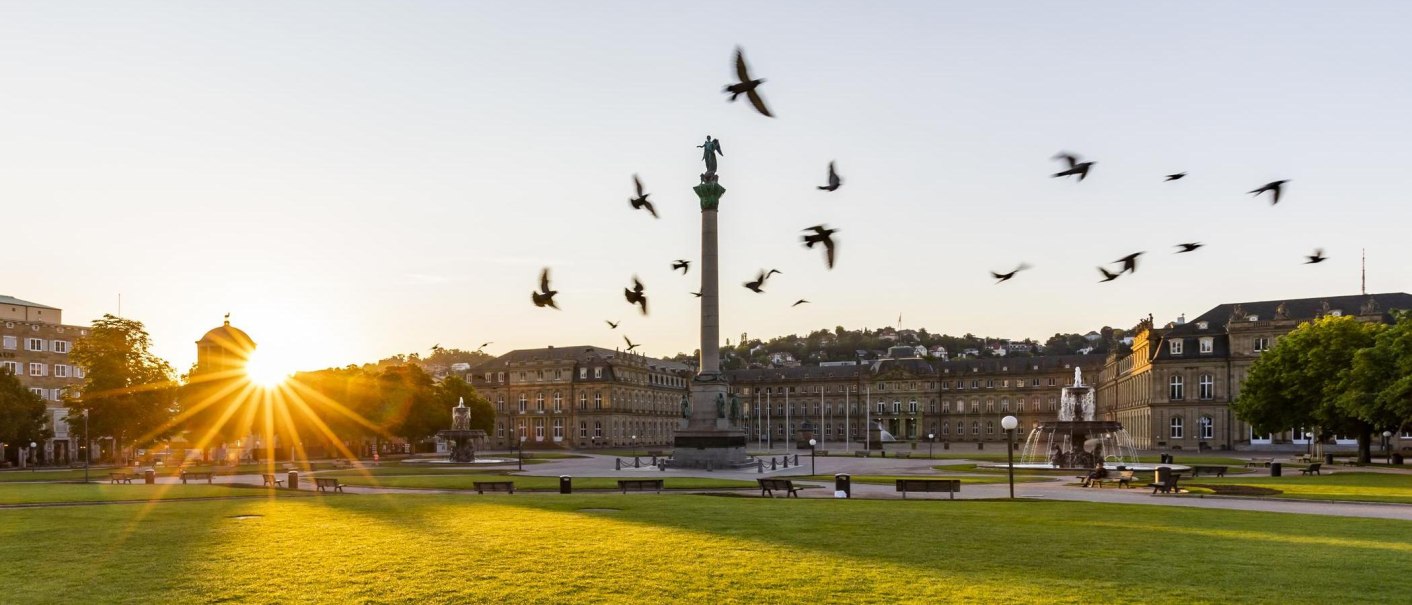Sonnenaufgang über dem Schlossplatz in Stuttgart, mit der Jubiläumssäule und dem Neuen Schloss im Hintergrund. Vögel fliegen am Himmel., © © Stuttgart-Marketing GmbH, Werner Dieterich