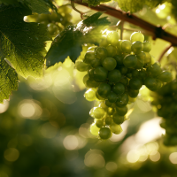 Grüne Weintrauben am Rebstock im warmen Sonnenlicht, umgeben von großen Weinblättern und weichem Bokeh., © SMG / KI-generiert Grüne Weintrauben am Rebstock im warmen Sonnenlicht, umgeben von großen Weinblättern und weichem Bokeh., © SMG / KI-generiert