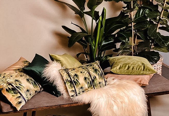 Ein Sofa mit bunten Kissen und einem weißen Fell, umgeben von großen grünen Zimmerpflanzen., © Merz & Benzing GmbH Ein Sofa mit bunten Kissen und einem weißen Fell, umgeben von großen grünen Zimmerpflanzen., © Merz & Benzing GmbH