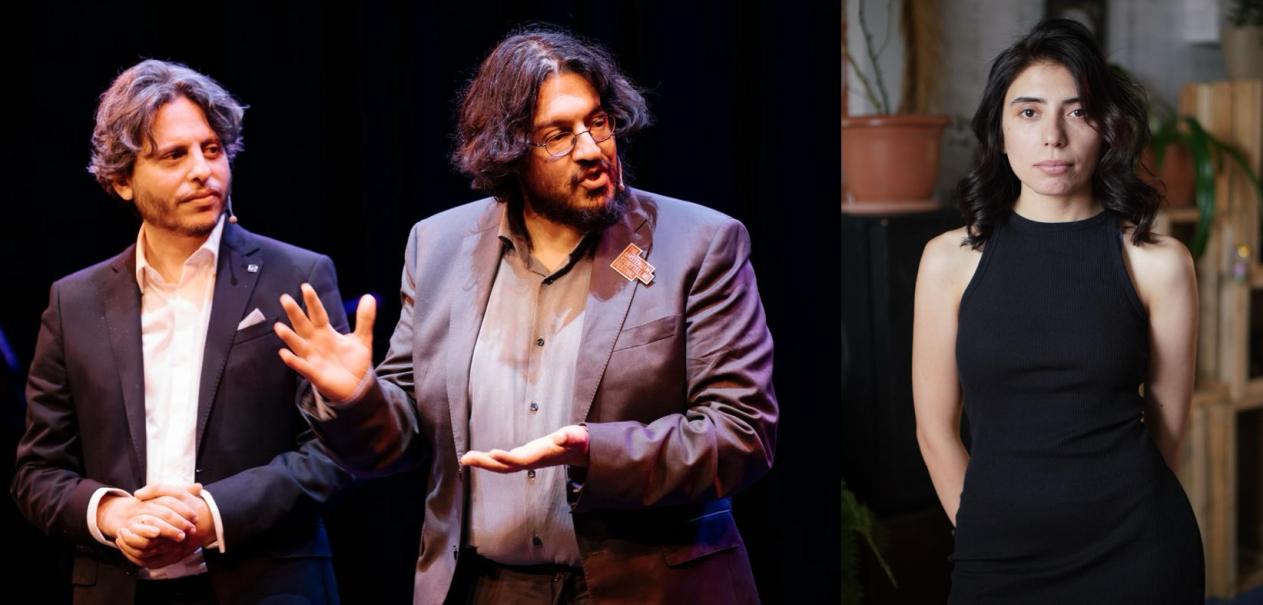 Zwei M&auml;nner in Anz&uuml;gen diskutieren auf einer B&uuml;hne, w&auml;hrend eine Frau in einem schwarzen Kleid in einem Innenraum steht., &copy; Raphael Rodan, Sahand Sahebdivani, Mary Aygetsy