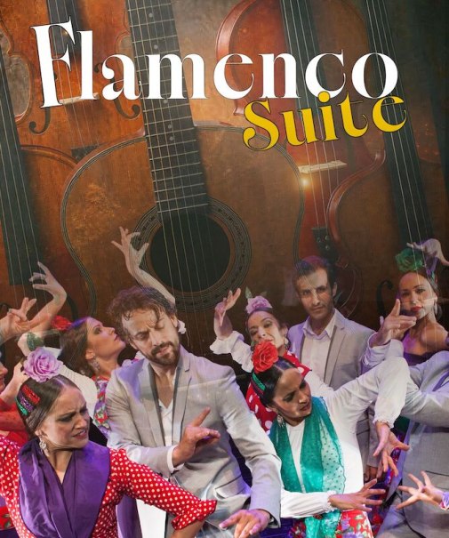 Flamenco dancers in vibrant costumes dance passionately against a backdrop of guitars and string instruments., © Theaterhaus Stuttgart e.V. Flamenco dancers in vibrant costumes dance passionately against a backdrop of guitars and string instruments., © Theaterhaus Stuttgart e.V.
