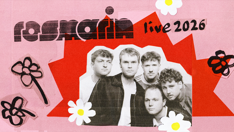 Collage mit einem Foto einer Band, umgeben von gezeichneten Blumen und dem Text 'rosmarin live 2026' auf rosa und rotem Hintergrund., © links im Bild Collage mit einem Foto einer Band, umgeben von gezeichneten Blumen und dem Text 'rosmarin live 2026' auf rosa und rotem Hintergrund., © links im Bild
