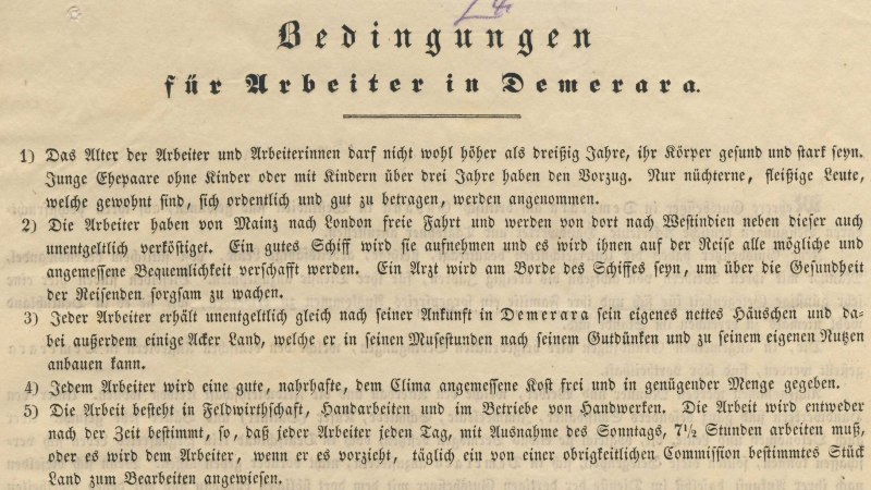 Historisches Flugblatt von 1938 mit Bedingungen für Arbeiter in Demerara. Es beschreibt Anforderungen und Anreize für Auswanderer., © Stadtarchiv Stuttgart Historisches Flugblatt von 1938 mit Bedingungen für Arbeiter in Demerara. Es beschreibt Anforderungen und Anreize für Auswanderer., © Stadtarchiv Stuttgart