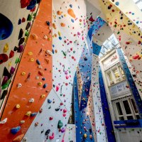 Bunte Klettergriffe an hohen Wänden in der Kletterhalle Cityrock. Die Wände sind in verschiedenen Farben gestaltet und bieten vielfältige Routen., © Kletterhalle Cityrock
