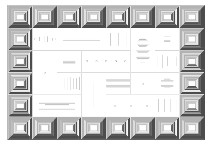 Ein geometrisches Kunstwerk mit einem Rahmen aus verschachtelten Quadraten. Der Innenbereich zeigt verschiedene Linienmuster und Formen., &copy; Merz Akademie