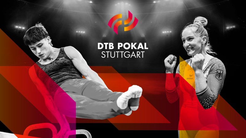 Ein Turner und eine Turnerin in dynamischen Posen vor dem Logo des DTB Pokal Stuttgart. Die Szene ist in Schwarz-Wei&szlig; mit farbigen Akzenten gehalten., &copy; STB Marketing und Event GmbH