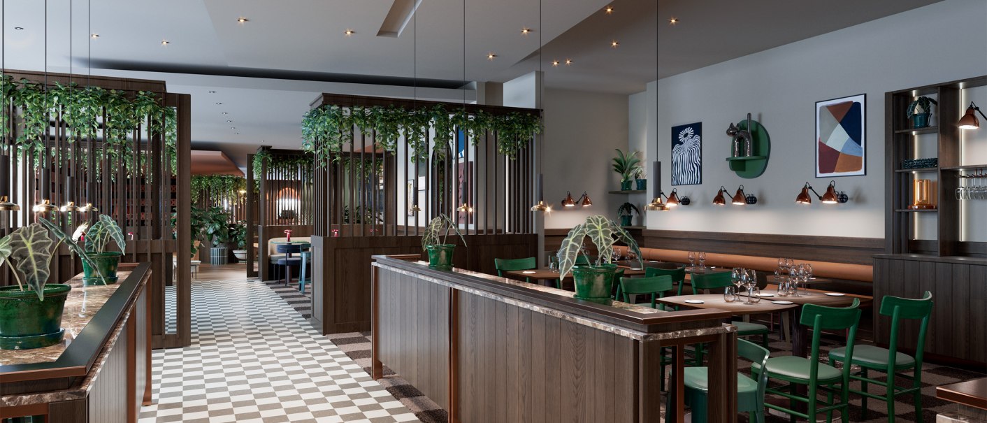 Ein modernes Restaurant mit Holzmöbeln, grünen Stühlen und Pflanzen. Der Boden ist kariert, und die Wände sind mit Kunstwerken dekoriert., © Scandic Hotels Ein modernes Restaurant mit Holzmöbeln, grünen Stühlen und Pflanzen. Der Boden ist kariert, und die Wände sind mit Kunstwerken dekoriert., © Scandic Hotels