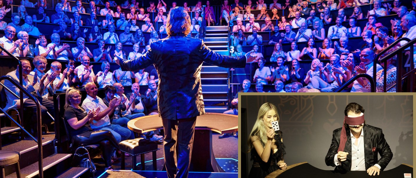 A magician in the Strotmanns Magic Lounge Stuttgart in front of an applauding audience. In the small picture, a woman shows a card while a man with a blindfold sits at the table., &copy; STROTMANNS Magic Lounge