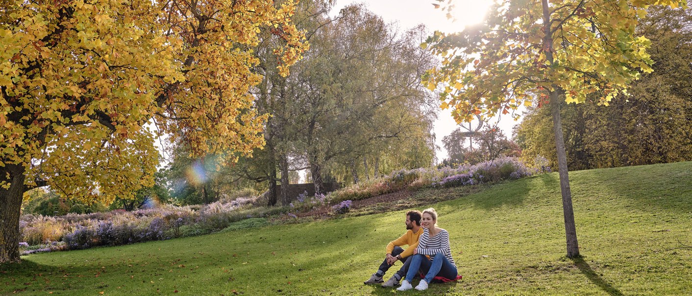 A couple is sitting on a meadow in Rosenstein Park, surrounded by autumnal trees and flowers. The sun is shining through the leaves., © SMG, Christoph Düpper A couple is sitting on a meadow in Rosenstein Park, surrounded by autumnal trees and flowers. The sun is shining through the leaves., © SMG, Christoph Düpper